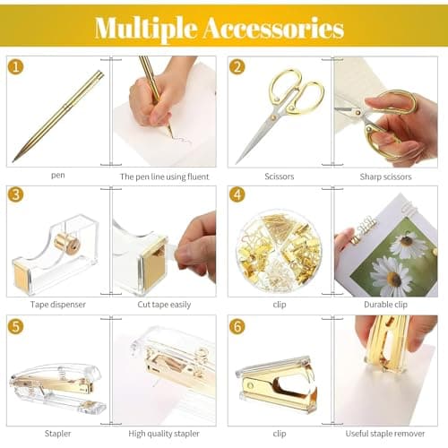 Acrylic Gold Tape Dispenser Gold Desktop Stapler Set, Office Supplies Includes Staple Remover, Tape Dispenser, Binder Clips, Paper Clips, Ballpoint Pen, Scissor, 1000pcs Staples Desk Accessory Kit thumbnail 6