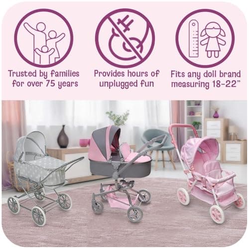Badger Basket Double Front to Back Stroller for Dolls - Lightweight Foldable Toy Pram with Gingham Fabric Canopy and Storage Basket – Fun Pretend Play for Kids Ages 3 and Up - Pink thumbnail 3