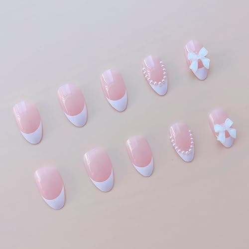 24 Pcs French Tip Press On Nails - Short Almond Bow Fake Nails with Pearl Designs - White French Tip False Nails - Reusable Artificial Nails for Women & Girls thumbnail 5