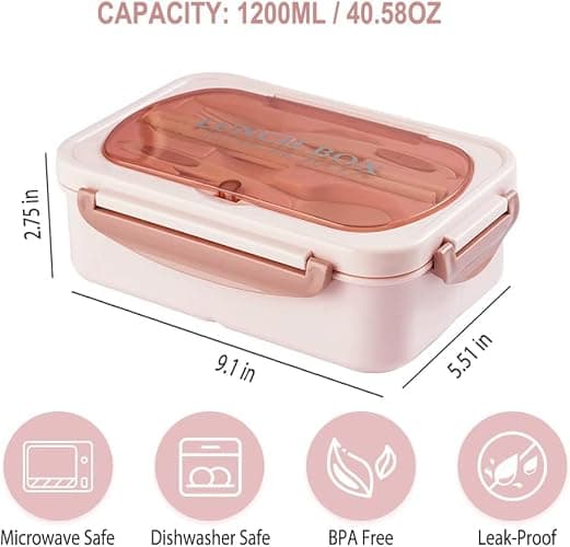 WILDAURORA Bento Box for Adult, 1200 ML Lunch Containers for Adults, LeakProof Lunch Box with Utensils, BPA Free, 3 Compartment Bento Box Microwave Safe - Pink thumbnail 3