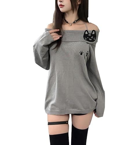 GOTHPICKUS Women Y2K Off Shoulder Strap T-Shirts Cute Graphic Casual Long Sleeves Tops Kawaii Ribbing Trendy Outfits - Image 1