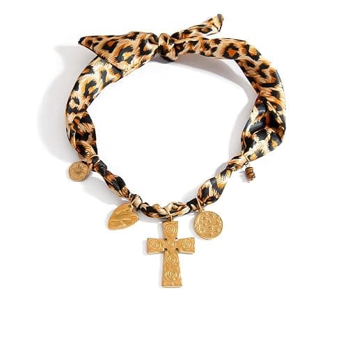 Klyxosh Scarf Necklace with Charm, Bandana Necklace with Gold Dainty Pendants - Chunky Cross, Heart, Flower, Conch, Boot, Cowboy Hat, Boho Beach Vintage Scarf Necklaces, Stylish Jewelry Gift - Image 1