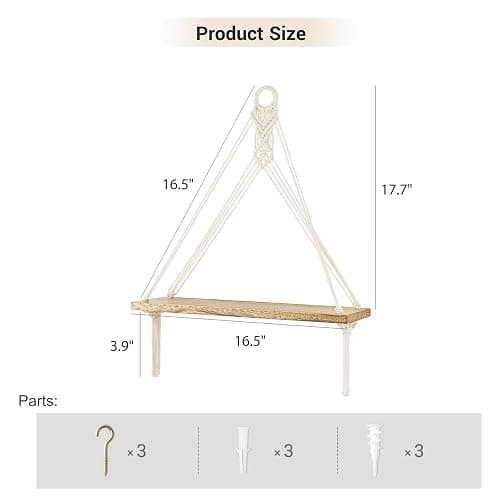 Mkono Macrame Hanging Shelves Boho Wall Decor Set of 3 Rustic Wood Floating Storage Shelf for Bedroom Bathroom Living Room Nursery Dorm Room, Display Shelving for Hanging Plants Photos thumbnail 3