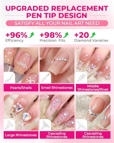 Rhinestone Picker Tool Kit: 2Pcs Rhinestone Picker Handle, Dual-Ended Rhinestones Applicator Dotting Pen with 12 Upgraded Plastic Replacement Tips, Clay, Bedazzling Tools for Nail Art Craft (Pink) thumbnail 7