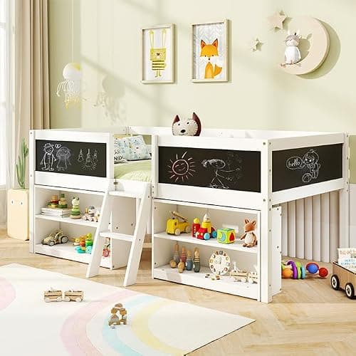 KOMFOTT Twin Size Low Loft Bed, Kids Loft Bed Frame with Movable Storage Shelves, Chalkboard & Ladder, Solid Wood Twin Bed with Under-Bed Play Area for Kids, Boys & Girls, No Box Spring Needed, White thumbnail 2