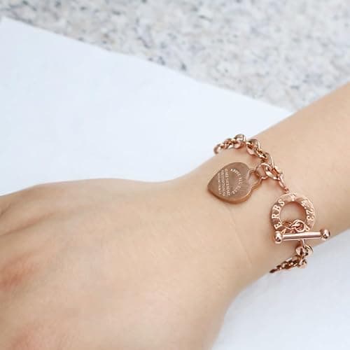 pichuxiu Heart Charm Bracelet Plated 18K Gold Bible Verse Heart Bracelet for Women Her Link Chain Toggle Clasp Stainless Steel Silver Mother's Day - Rose Gold thumbnail 4