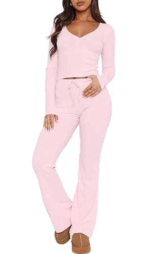 FWBBG Womens 2 Piece Lounge Sets Long Sleeve Crop Tops V Neck Flare Pants Set Fall Y2k Casual Outfits - Image 1