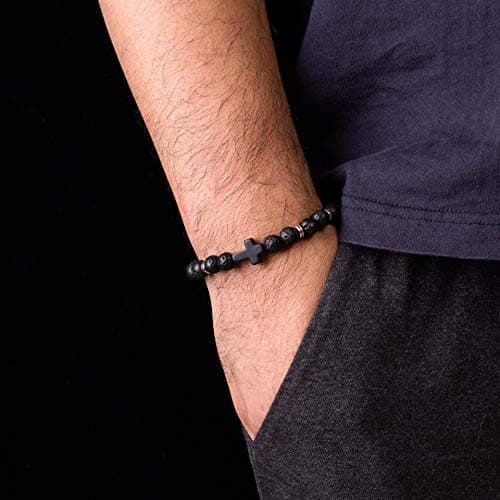 Softones 4PCS Cross Beads Bracelet for Men Women 8mm Healing Lava Stone Stretch Bracelets,7.5" thumbnail 4