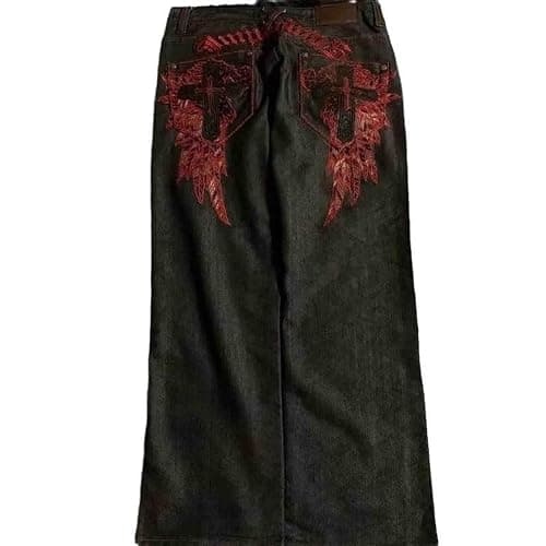 Ethbox Men's Hip-hop Retro Skull Embroidered Washed Denim Pants Y2K Jeans Gothic Straight Tube Loose Wide Leg Pants thumbnail 4
