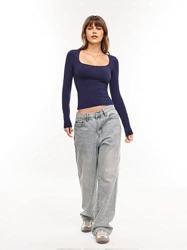 Danysu Double Lined Long Sleeve Tops with Built in Bra for Women Square Neck Basic Slim Crop Fall T-Shirts thumbnail 5