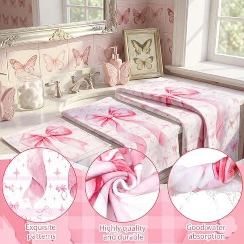 Moukeren Set of 3 Pink Bow Bath Towels Cute Coquette Large Bow Bath Towel Hand Towel and Washcloth Soft Decorative Towels for Girls Womens Bathroom Kitchen Pool Gym Spa Yoga thumbnail 2