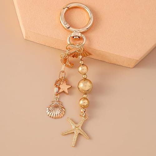 TUCEWP Gold Starfish Keychain for Women Girls Cute Shell Conch Bead Tassel Keyring Summer Beach Bag Charm for Handbags thumbnail 3