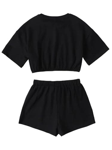 SHENHE Girl's Short Sleeve Letter Graphic 2Pcs Crop Top and Track Shorts Set thumbnail 2