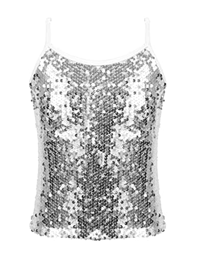 Aislor Kids Girls Shiny Sequins Dance Top Shirt Yoga Sports Workout Spaghetti Shoulder Straps Tank Tops Tees White 10 Years - Image 1