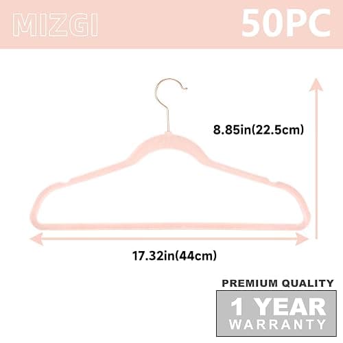 MIZGI Premium Velvet Hangers (50 Pack) Heavy Duty - Non Slip Felt Hangers - Blush Pink - Rose Gold 360 Degree Swivel Hooks,Space Saving Clothes Hanger,Durable Strong Hanger for Suits,Coats,Dress thumbnail 2