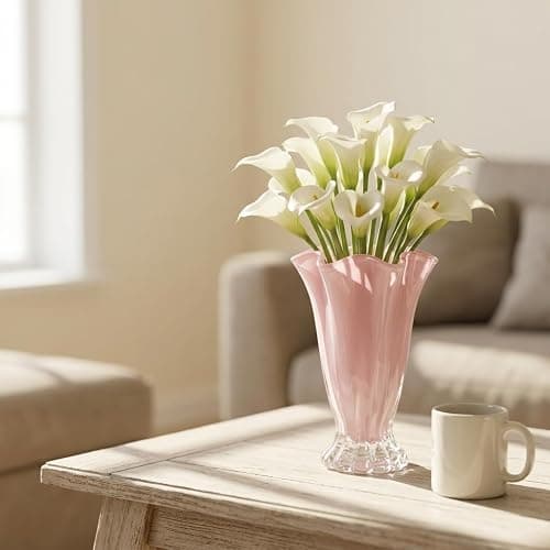 Ruffled Vase Display with Wavy Rim, Hand Blown Glass Vase for Flowers, Blown Glass Decor Centerpiece with Ribbed Panels for Tabletop Shelf Mantel Home Decor (Pink) thumbnail 7