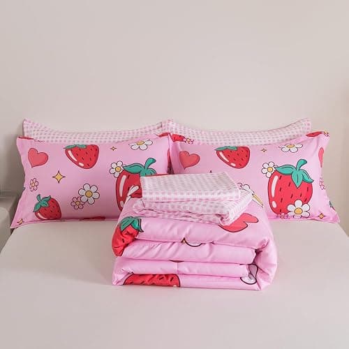 ADASMILE A & S Kids Strawberry Comforter Set Twin Size for Girls 5 Piece Pink Kawaii Flower Bedding Set Kids Strawberry Bed in A Bag Comforter (1 Comforter,1 Flat Sheet,1 Fitted Sheet & 2 Pillow Sham) thumbnail 8