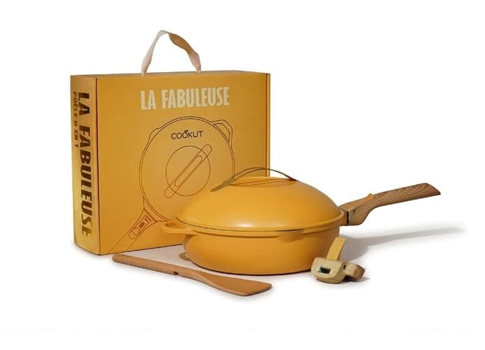 COOKUT - La Fabuleuse poêle 8 en 1 – Un seul ustensile qui remplace poêle, casserole, sauteuse - Avec 2 poignées amovibles, panier vapeur/friture, spatule en bois - Mangue - Image 1