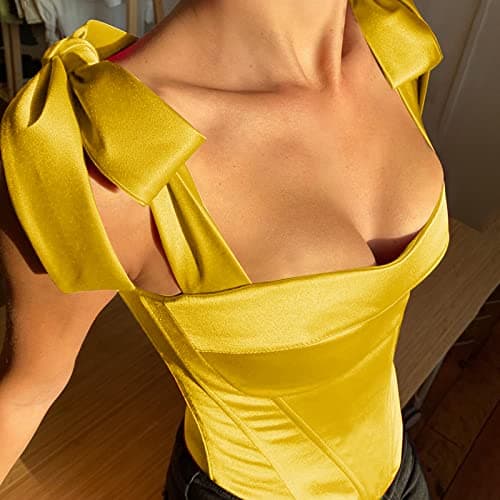Baynoyia Women's Vintage Corset Crop Top Bow Tie Strap Stain Push Up Boned Bustier Tops Y2K Cami Tank thumbnail 3