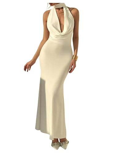 SOLY HUX Women's Cowl Neck Halter Bodycon Long Dress Sleeveless Fishtail Party Cocktail Maxi Dresses - Image 1