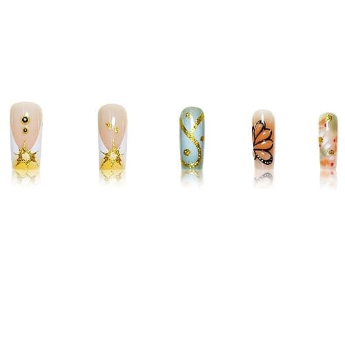 Square Press on Nails Medium Fake Nails French False Nails White Artificial Nails with 3D Futterfly and Rhinestones Designs Gold Charm Handmade Nails Glossy Stick on Nails for Women 24pcs thumbnail 2