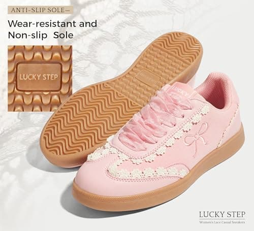 LUCKY STEP Women’s Lace Detail Casual Sneakers Organza Ribbon Lace-Up Fashion Vintage Gum Sole Trendy Cute Shoes(Pink,8) thumbnail 7