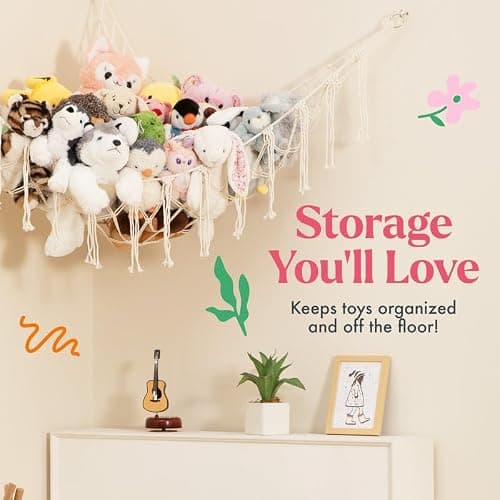 Lilly's Love Stuffed Animal Storage Macrame Hammock, Large - Boho Room Decor Toy Storage - Corner Hanging Plushie Stuffed Animal Net Organizer (White) thumbnail 2