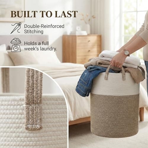 JMvicyroam Large Woven Laundry Basket Hamper,80L Cotton Rope Storage Bin for Blankets,Toys and Clothes,Decorative Tall Nursery Hamper for Living Room,Baby Nursery,Bathroom and Bedroom,Brown thumbnail 6