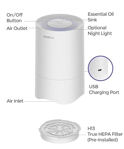 Rosekm Small Air Purifier for Home Bedroom, Personal Desk Mini Air Purifier, Room Hepa Air Purifier Fresheners Cleaner for Dorm, Pets, Smoke, Desktop, Office (White) thumbnail 7