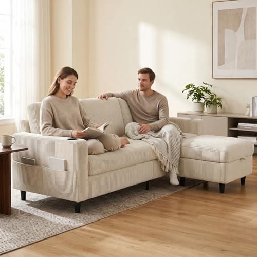 POYISOU Convertible Sectional Couches for Living Room, 3 Seats L Shaped Sofa with Storage Ottoman & 2 Cup Holders, Modern Corduroy Couch Small Sofas for Small Space, Apartment, Office, Beige thumbnail 7