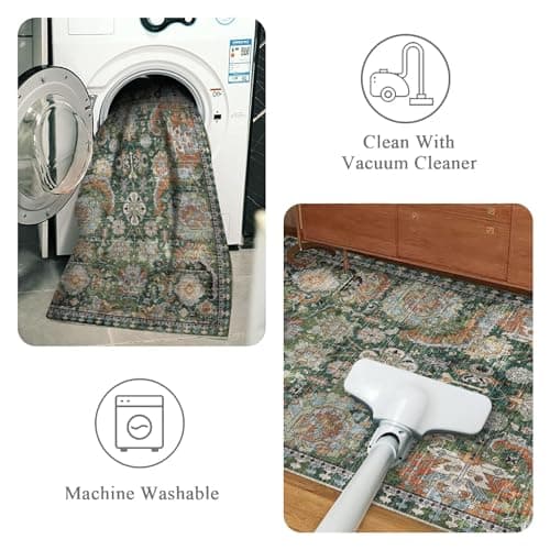 RUGSURE Washable Area Rugs - Perfect for Living Room, Bedroom, Kids Room, Nursery - Stain & Water Resistant Non-Slip, Pet & Child Friendly, Vintage Tribal Area Rugs (Green, 6' x 9') thumbnail 4