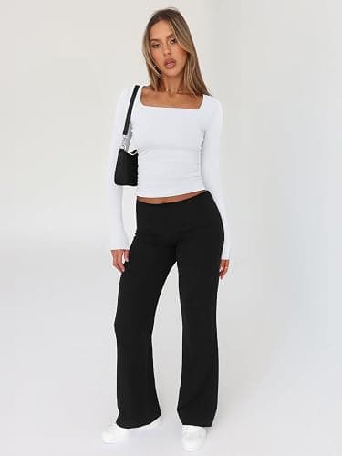 Trendy Queen Womens Long Sleeve Shirts Square Neck Going Out Crop Tops Fashion Y2k Workout Clothes Fall Outfits 2025 thumbnail 5