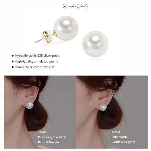 Trendy Big Simulated Pearl Earrings for Women, 925 Sterling Silver Post 14/12MM Oversized Large Pearl Studs Bride Bridesmaid Wedding Earrings Jewelry Gifts thumbnail 4