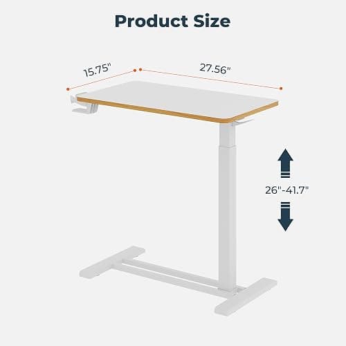 FitStand Medical Overbed Adjustable Bedside Table with Hidden Casters, Pneumatic Mobile Rolling Laptop Standing Desk with Tray for Home and Hospital Use, White thumbnail 3