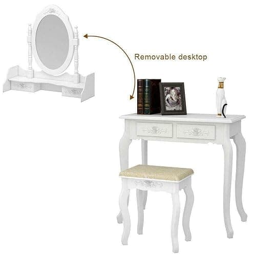 White Vanity Jewelry Makeup Dressing Table Set W/Stool 4 Drawer Mirror Wood Desk thumbnail 8