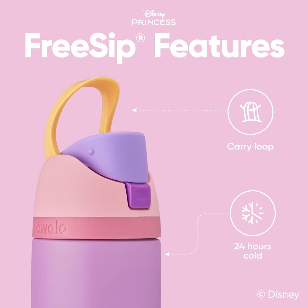 Owala FreeSip - Botella de agua de acero inoxidable con aislamiento y popote, de princesas Disney, para deportes y viajes, botella de agua deportiva sin bisfenol A, 710 ml, Rapunzel thumbnail 3