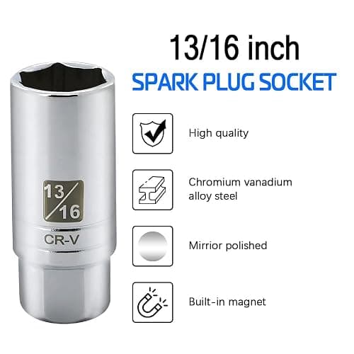 13/16-inch Magnetic Spark Plug Socket 3/8-inch Drive 6-Point Powerful Magnet Retains Spark Plugs Chrome Vanadium Steel thumbnail 3