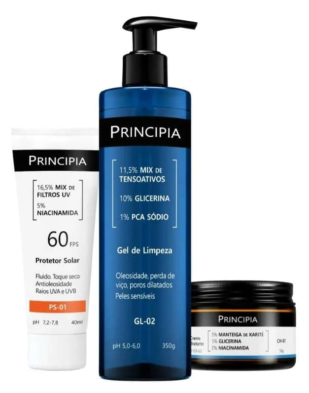 PRINCIPIA, Kit Gel de Limpeza com mix de tensoativos + PCA sódio + glicerina, um Creme Hidratante com glicerina + manteiga de karité + niacinamida e um protetor solar fluido antioleosidade com mix de filtros UV + niacinamida, FPS 60, toque seco e com eficácia contra raios UVA e UVB. - Image 1