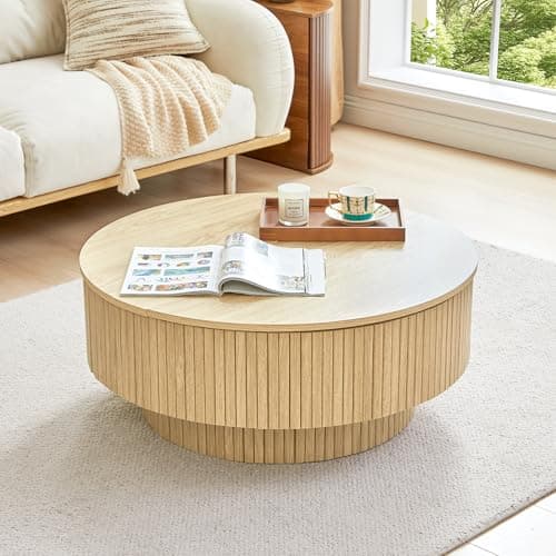 33" Round Coffee Table with Lift-Top & Flip-Top Storage, Modern Accent Fluted Coffee Tables with Metal Frame, Wooden Circle Center Table for Living Room Small Space Apartment Office (Natural) thumbnail 7