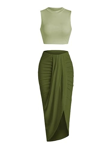 ZAFUL Women's Casual Sleeveless Summer Two Piece Outfits Crop Top and Side Split Draped Ruched Maxi Skirt Set Solid Suiting - Image 1
