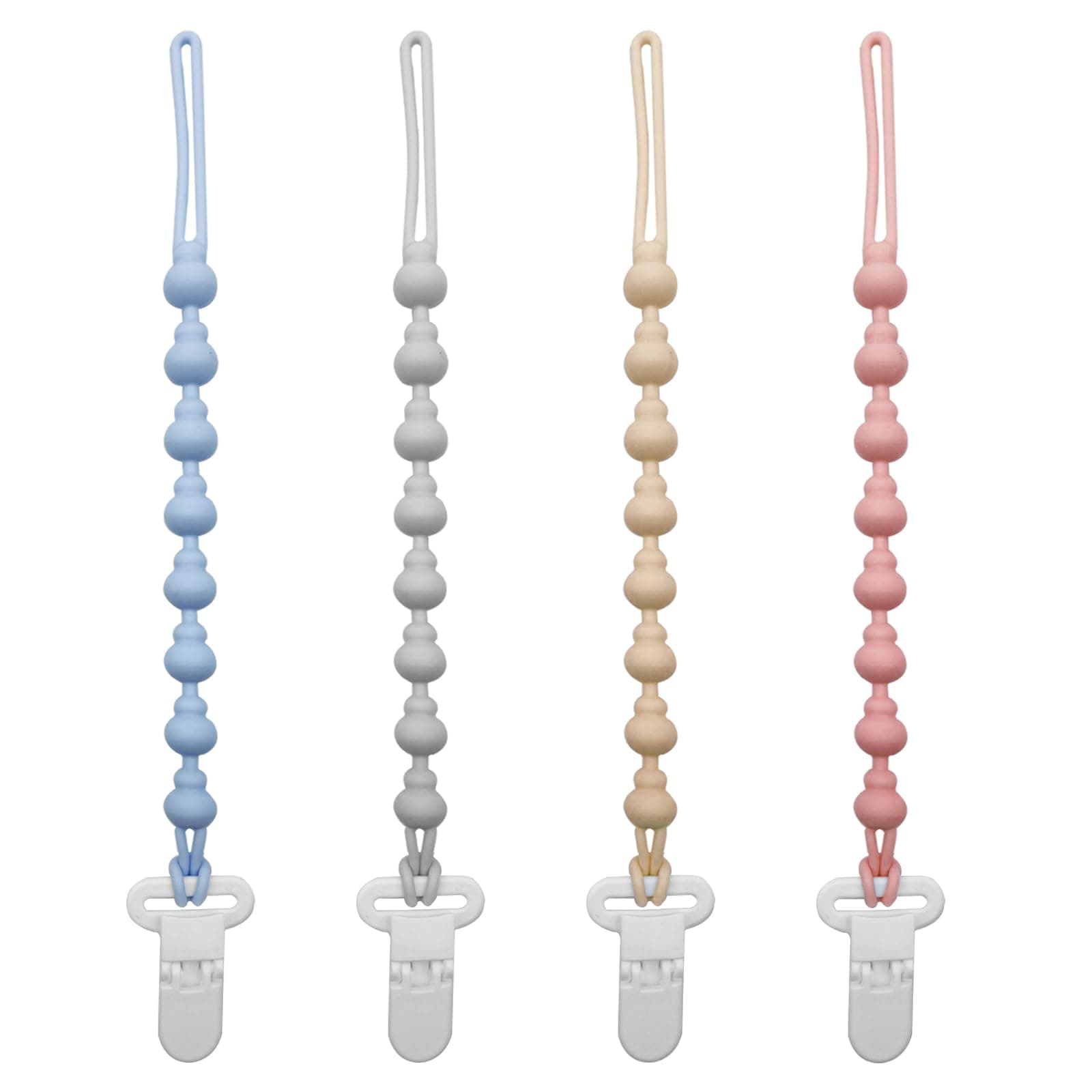 4 Pack Silicone Pacifier Clips, One Piece Beads Gourd Design Teething Pacifier Holder Clip, Neutral Baby Paci Dummy Clips Boys & Girls, Binky Clips Pacifier Straps Chain for Toys Teethers - Image 1