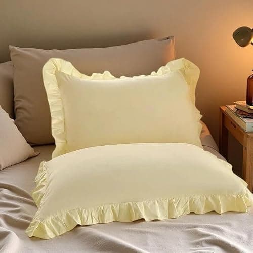 Premium Light Yellow Ruffled Pillowcases Set of 2 - Soft Shabby Chic Farmhouse Pillow Covers for Bedding (Standard Size) - Image 1