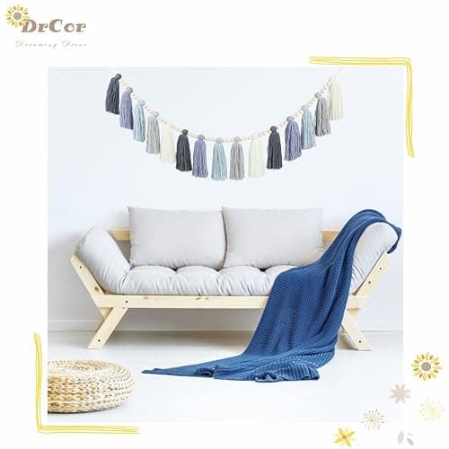 DrCor Coastal Boho Tassel Garland - Handmade Dusty Blue Yarn Banner for Classroom, Nursery, Kids Bedroom, Office, Baby Shower, Birthday Party, Back to School Decor - Jeans thumbnail 6