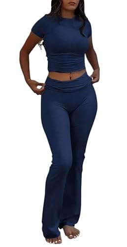 AYWA Women's 2 Piece Lounge Sets Short Sleeve Crop Top Foldover Flare Pants Casual Pajama Outfits - Image 1