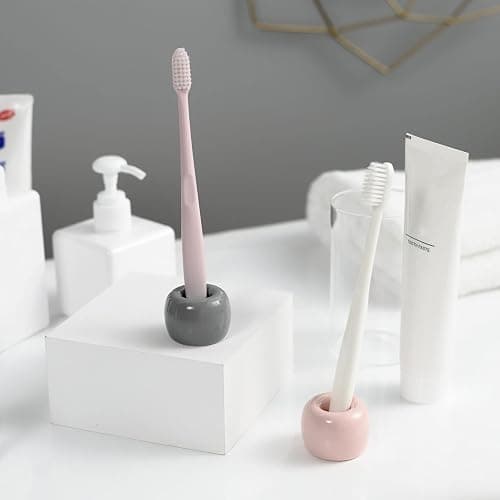 JMScape Mini Ceramic Couple Toothbrush Holder, Hand-Made Bathroom Toothbrush Holder, Electric Toothbrush Head Holder and Office Pen Holder 2-Piece Set (Pink) thumbnail 5