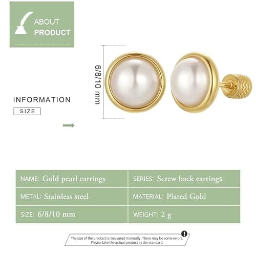 Seraphina 14K Gold Pearl Stud Earrings for Women | Hypoallergenic Screw Back Helix Cartilage Piercing French-Style Half-Circle Pearl Earrings thumbnail 2