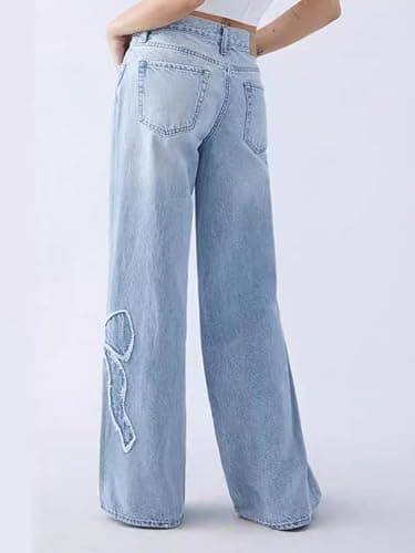 CORIRESHA Women's Straight Leg Frayed Edge Bow-Tie Embroidery High Rise Loose Denim Jeans - Medium - Blue thumbnail 2
