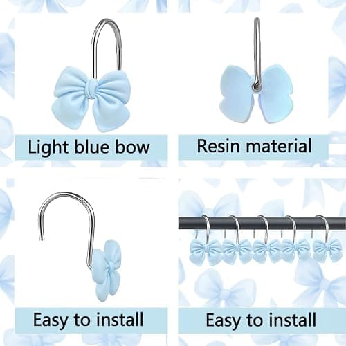 12 Soft Light Blue Shower Curtain Hooks with Bow Design - Spa Style Bathroom Decor for Coastal and Contemporary Homes, Girls Rooms thumbnail 4