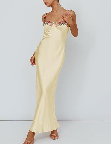 Sexy Satin Spaghetti Strap Floral Embroidered Maxi Dress for Women Sweetheart Neckline Backless Sleeveless Slit Midi Dress thumbnail 3