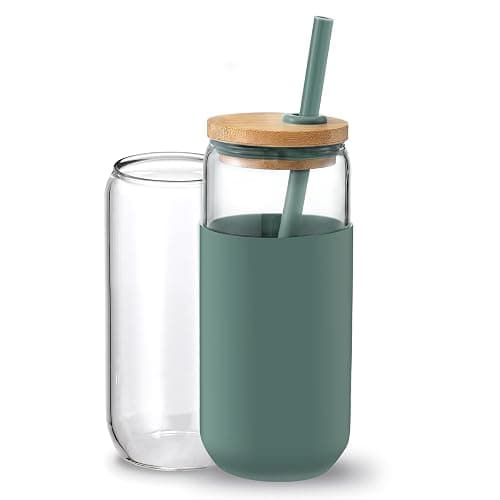 20oz Glass Water Tumbler with Silicone Protective Sleeve - Beer Shaped Glass Cups with Straw and Bamboo Lid, Iced Coffee Glasses, Cute Drinking Glasses for Water, Smoothie, Gift - Cambridge Blue - Image 1